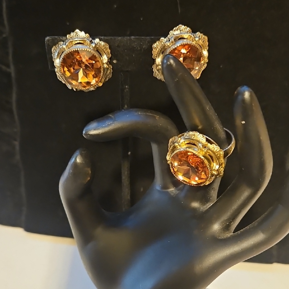 Whiting & Davis Gold and Orange Earrings and Ring Set - Picture 1 of 7